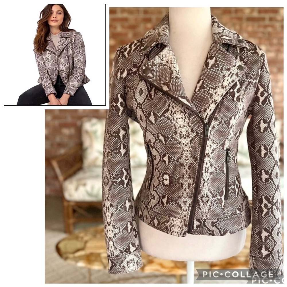 Liverpool Snake print Brown Beige Microsuede Moto Jacket XS Quiet Luxury